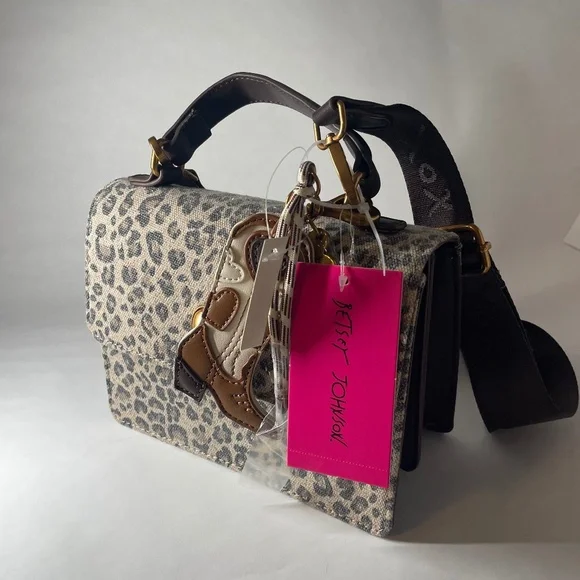 Betsey Johnson Leopard Print Crossbody Bag Cowboy Boot Charm New with Tag VIRAL - Picture 2 of 9